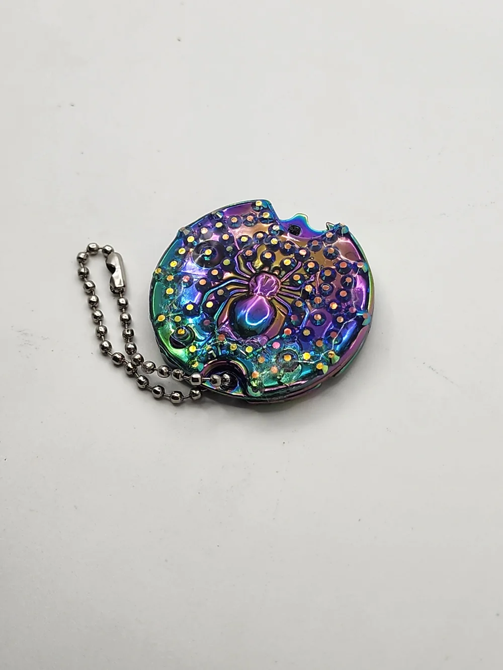 Iridescent Spider Disc Keychain Knife with Crystal Accents